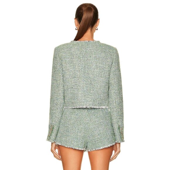 Self-Portrait Boucle Cropped Jacket in Green - Picture 3 of 5